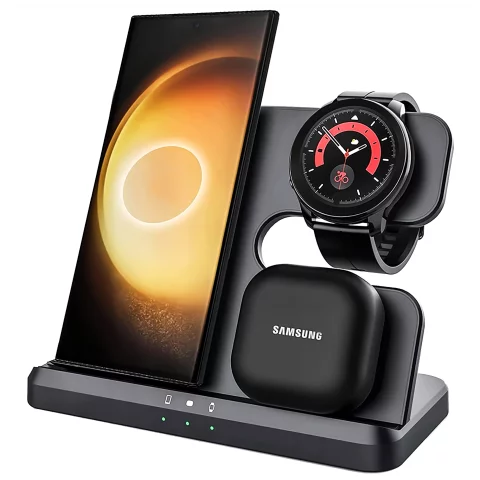 Bezdrátová indukční nabíječka 3v1 Qi 3.0 Fast pro Samsung S22 S23 S24 Galaxy Watch Buds Station černá