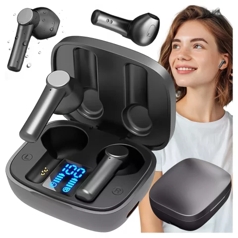 Bezdrátová sluchátka Alogy TWS Bluetooth 5.0 LED s nabíjecím pouzdrem IPX5, powerbankou USB-C, černá