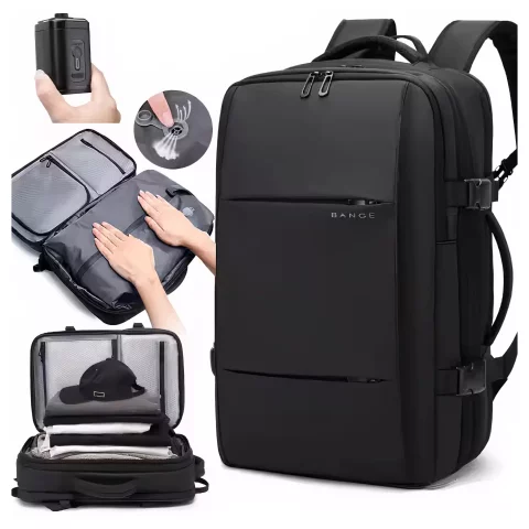 Bange Wasserdichter Laptop-Rucksack für Städtetrips, 46 x 30,5 x 20 cm, erweiterbar für Flugreisen, für Damen und Herren, mit Vakuumfach und Vakuumpumpe, Schwarz