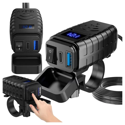 Alogy MotoCharge Pro™ Motorcycle Charger with Display, 36W PD QC 3.0 Fast Charging, USB-A and USB-C Ports, Waterproof and Rugged, Black