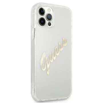 Guess GUHCP12MKTRSVGO iPhone 12/12 Pro 6,1" průhledný pevný obal Vintage Script Gold