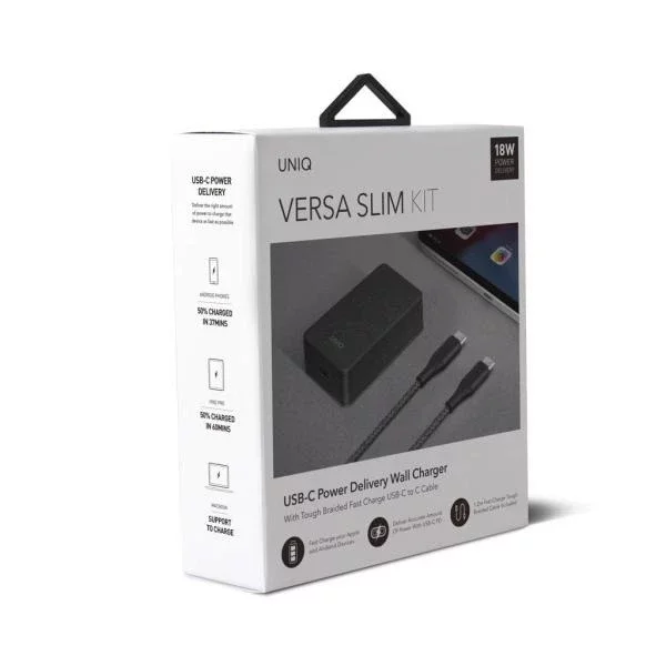 UNIQ Ładowarka sieciowa Versa Slim USB-C PD 18W + kabel USB-C na USB-C czarny/charcoal black (LITHOS Collective)