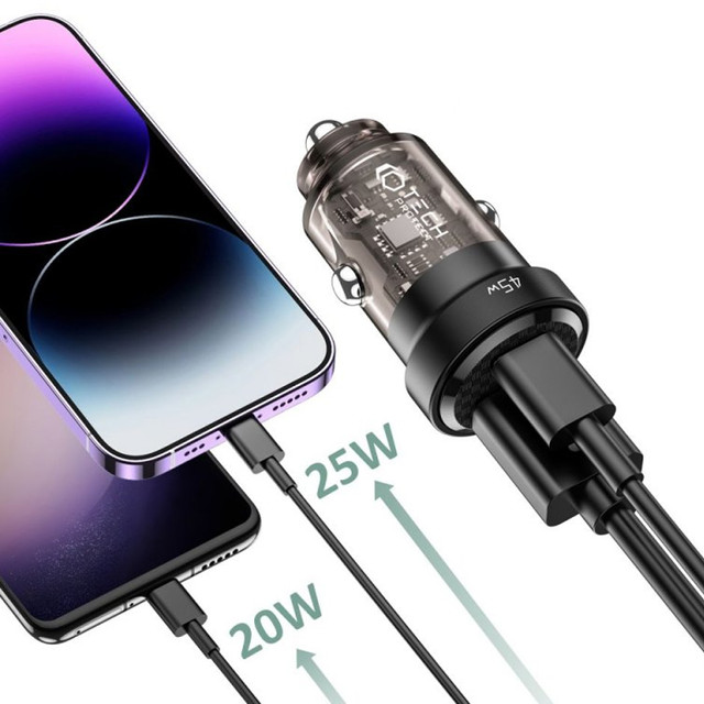 CC45W USB Car Charger USB-C Type C 2-Port Car Charger PowerDelivery PD 45W QuickCharge QC 3.0 Black