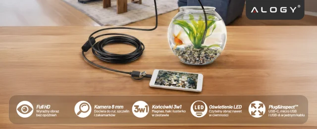 Kamera-Inspektion für Endoskopie, Micro-USB, USB-C, USB, Full HD, 5 m, 8 mm Endoskop Alogy Hard Wire