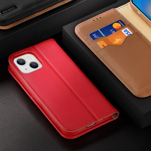 Dux Ducis Hivo Leather Flip Cover Originální kožená peněženka na karty a dokumenty iPhone 14 Plus červená