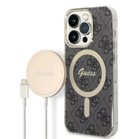 Zestaw Guess GUBPP14LH4EACSK Case  Charger iPhone 14 Pro 6,1" czarny/black hard case 4G Print MagSafe