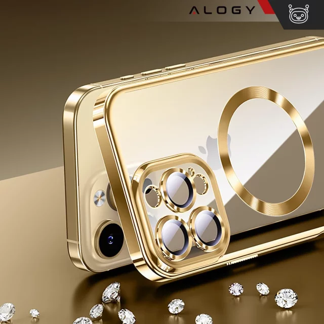 MagSafe-Hülle für Apple iPhone 16 Pro Max Alogy Glamour Luxus-Ringgehäuse Gold-Transparent