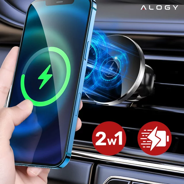 2-in-1-Autohalterung mit Alogy Airvent MagSafe QI Charger, induktives Ladegerät für MagSafe 15 W für Kühlergrill Schwarz