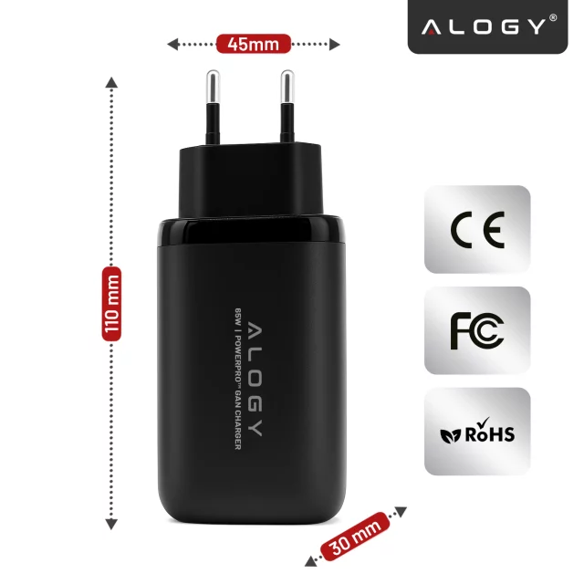 Alogy GaNCarge Kompaktní nástěnná nabíječka 3v1 rychlé nabíjení GaN3 65W USB-A 30W 2x USB-C 65W černá