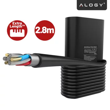 Zasilacz USB-C 65W PD do Laptopów HP Lenovo Asus Apple, Szybkie Ładowanie 20V 3.25A, Długi Kabel 2.8m, Kompaktowy i Wydajny, Alogy PowerBoost™ – Czarny