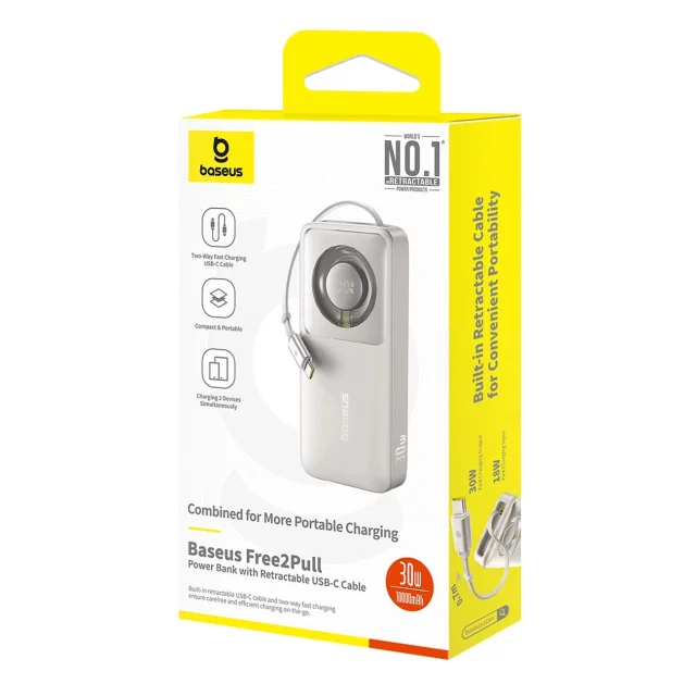 Baseus Free2Pull 10000 mAh 30 W Powerbank mit USB-C-Anschluss und einziehbarem USB-C-Kabel – Grau