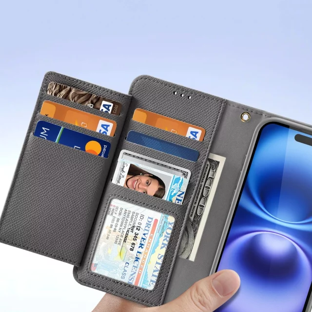 Etui skórzane do iPhone 16 MagSafe Dux Ducis Lawa + portfel – szare