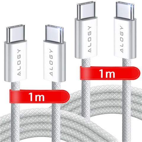 2x Kabel USB-C typ C mocny szybki 60W PD 1M do iPhone 15/16/Pro/Max nylonowy przewód Alogy biały [2szt]