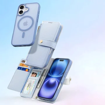 Etui skórzane do iPhone 16 Dux Ducis Lawa z portfelem MagSafe błękitne