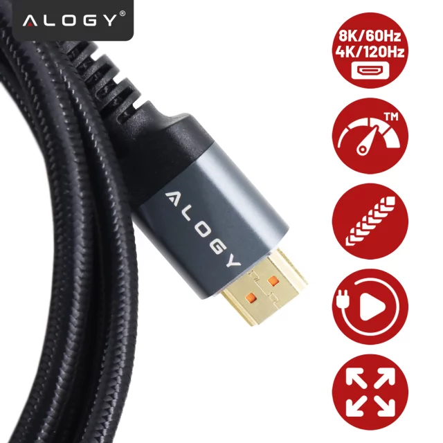 Kabel HDMI 2.1 Alogy 2m 8K PREMIUM ULTRA High Speed 60Hz 48GBps Czarny