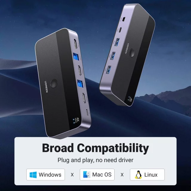 Przełącznik KVM Ugreen CM664 HDMI 4K 60Hz USB-C Pilot 2w1 5Gb/s Czarny