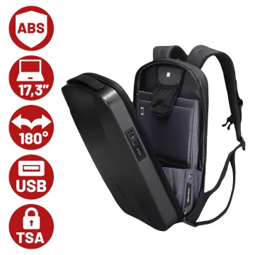 Batoh na notebook Mark Ryden 17,3", nabíjení přes USB, vodotěsný, prostorný a praktický, otevírání 180°, ochrana proti krádeži s TSA zámkem a popruhem na kufr, 46x31x9 cm - černý