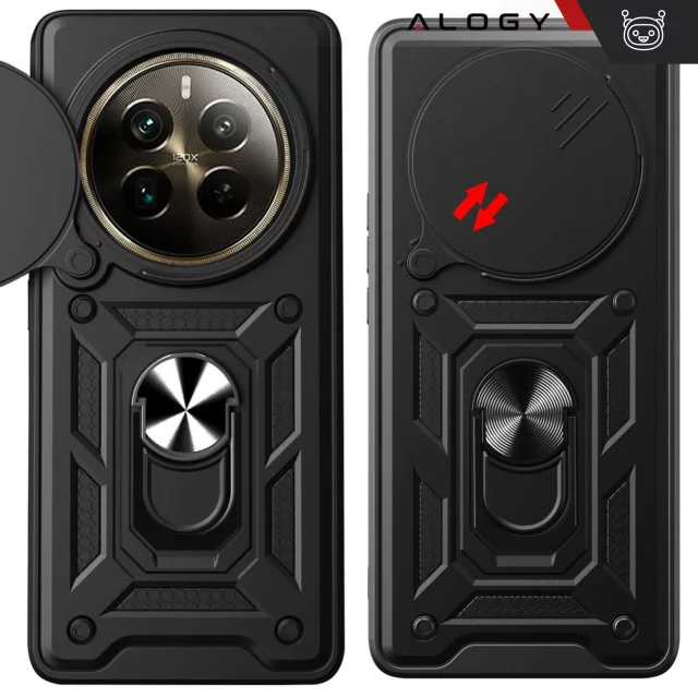 Hülle für Realme 12 Pro 5G / Realme 12 Pro Plus 5G, gepanzerte Schiebehülle, Ringgehäuse, Kameraschutz, Camshield Alogy, Schwarz
