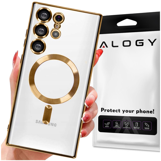 Case for Samsung Galaxy S24 Ultra Mag Safe Glamor Case Ring Housing Camera Protection Alogy Gold Clear Glass