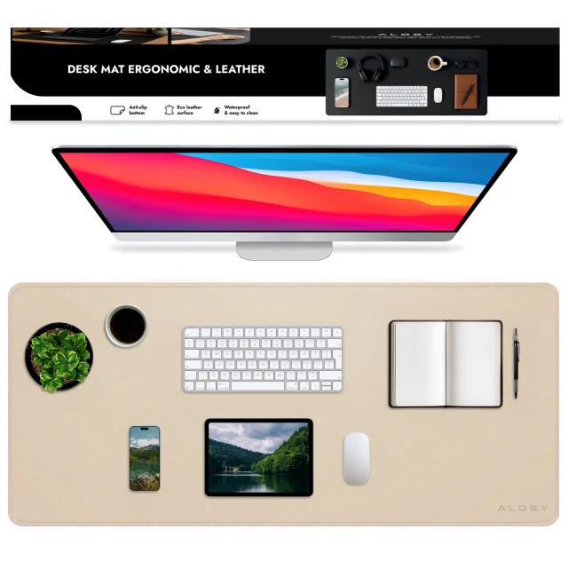Schreibtischunterlage 80 × 40 cm – rutschfeste Schutzmatte aus elegantem PU-Kunstleder, für Maus und Tastatur, stilvoll und langlebig – Alogy WorkMat™ Beige