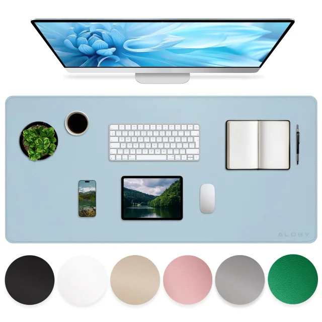 Desk pad 100×50 cm – anti-slip protective mat made of elegant PU eco-leather, for mouse and keyboard, stylish and durable – Alogy WorkMat™ Blue