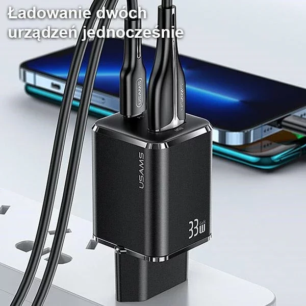 USAMS Ładowarka sieciowa 1xUSB-C+1xUSB T43 33W PD3.0 +QC3.0 + kabel U63 USB-C na lightning czarny/black USKTZ01