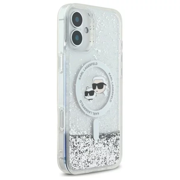 Etui Karl Lagerfeld do iPhone 16 Plus 6.7" Magsafe Hardcase Transparent Liquid Glitter Karl&Choupette Head