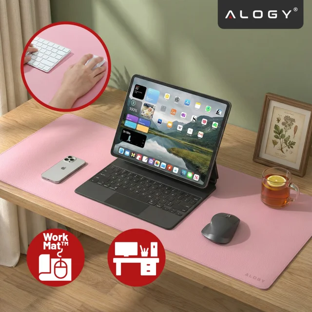 Schreibtischunterlage 90 × 45 cm – rutschfeste Schutzmatte aus elegantem PU-Kunstleder, für Maus und Tastatur, stilvoll und langlebig – Alogy WorkMat™ Pink