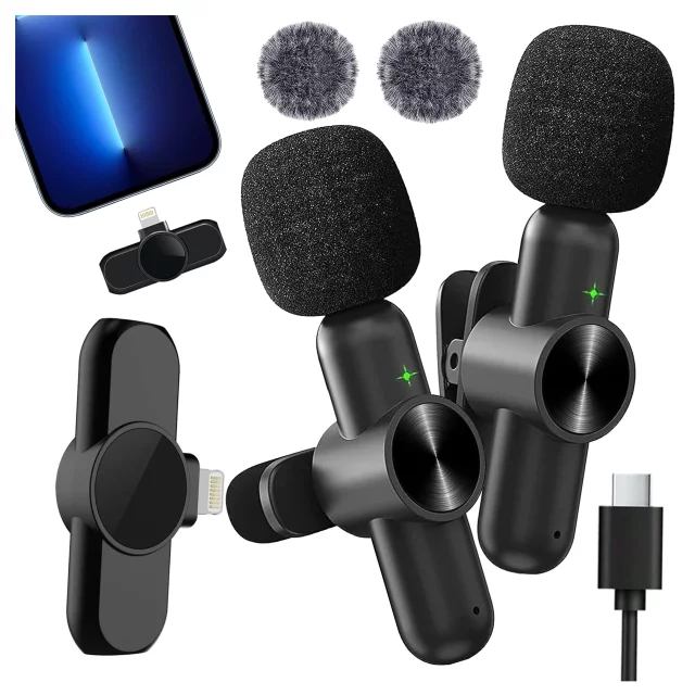 Kabelloses Mikrofon-Set (2 Stück) – Lightning-Anschluss für iPhone, Geräuschunterdrückung, leichtes Design, Reichweite bis zu 20 Meter – 2 Ansteckmikrofone mit Fellbezug, Telefonhörer – Alogy DualVoice™ Schwarz