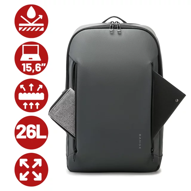 Bange 26L wasserdichter Rucksack für Laptops bis 15,6 Zoll – Geräumig und komfortabel, robust und atmungsaktiv, ideal für Stadt und Reisen, Arbeit und Flugreisen, Unisex – Grau