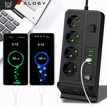 Rozgałęźnik gniazdka Alogy Plug Extender rozdzielacz adapter przedłużacz 3m z ładowarką Qi indukcyjną 4x wtyczka EU + 4x USB + 2x USB-C Czarny