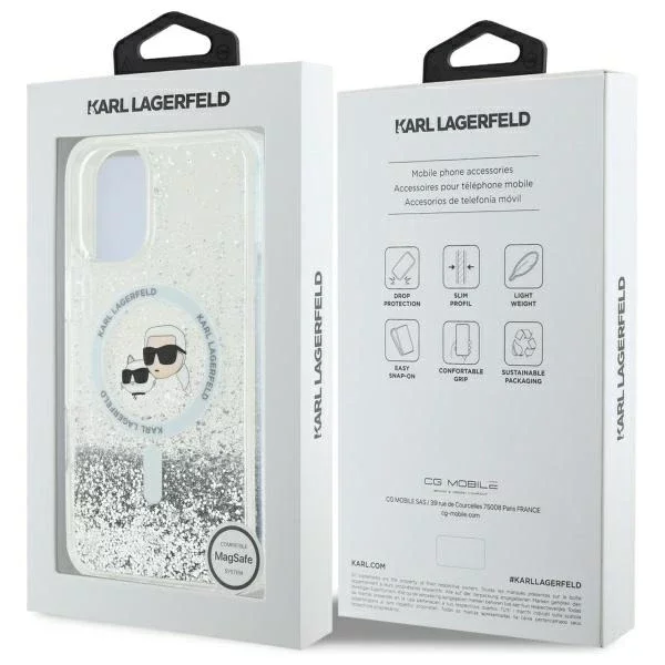 Etui Karl Lagerfeld do iPhone 16 Plus 6.7" Magsafe Hardcase Transparent Liquid Glitter Karl&Choupette Head