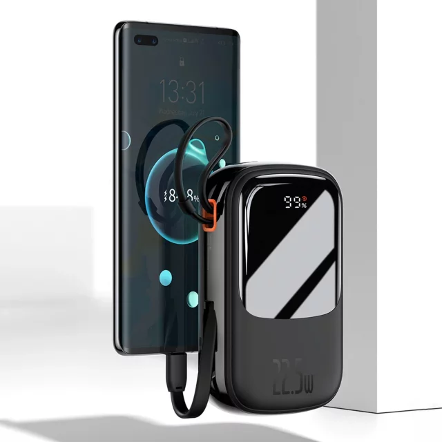 Powerbank z szybkim ładowaniem Baseus Qpow Digital Display 20000mAh 20W QC/PD/SCP/FCP z wbudowanym kablem Lightning czarny