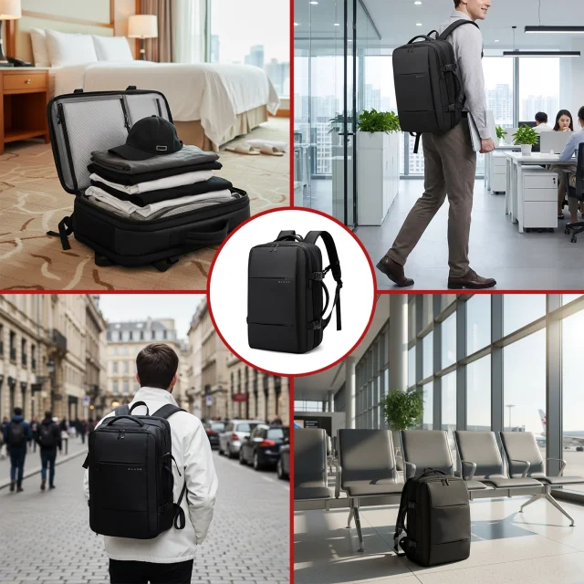 Bange Wasserdichter Laptop-Rucksack für Städtetrips, 46 x 30,5 x 20 cm, erweiterbar für Flugreisen, für Damen und Herren, mit Vakuumfach und Vakuumpumpe, Schwarz