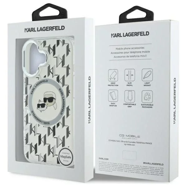 Etui Karl Lagerfeld do iPhone 16 6.1" Przezroczysty MagSafe IML Monogram Karl&Choupette Head