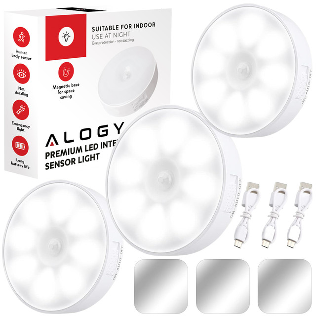 3x Lampe LED Bewegungsmelder Dämmerung Nachtlampe Alogy Sensor Light Kabellose Möbelbeleuchtung Weißes Licht 6000k