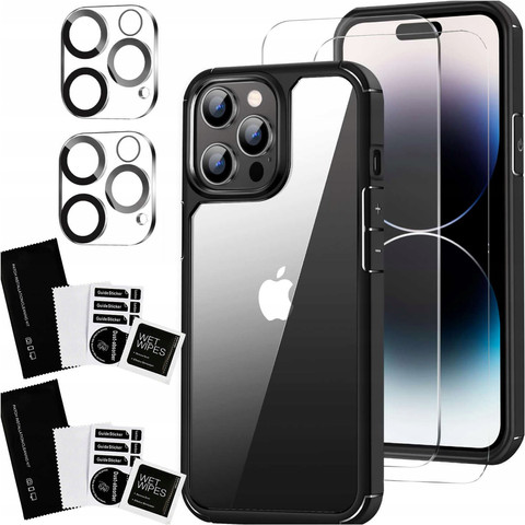 Case for iPhone 15 Pro Max Housing Case 2x screen glass and 2x lens armored Alogy 360 Hybrid Set 5in1 black and transparent