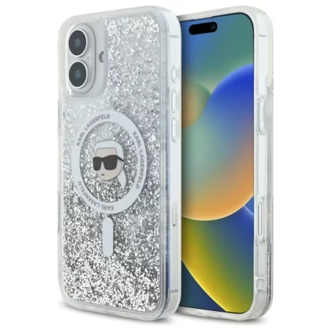 Etui Karl Lagerfeld pro iPhone 16 Plus 6,7" Magsafe Hardcase Transparentní tekuté třpytky Karl Head