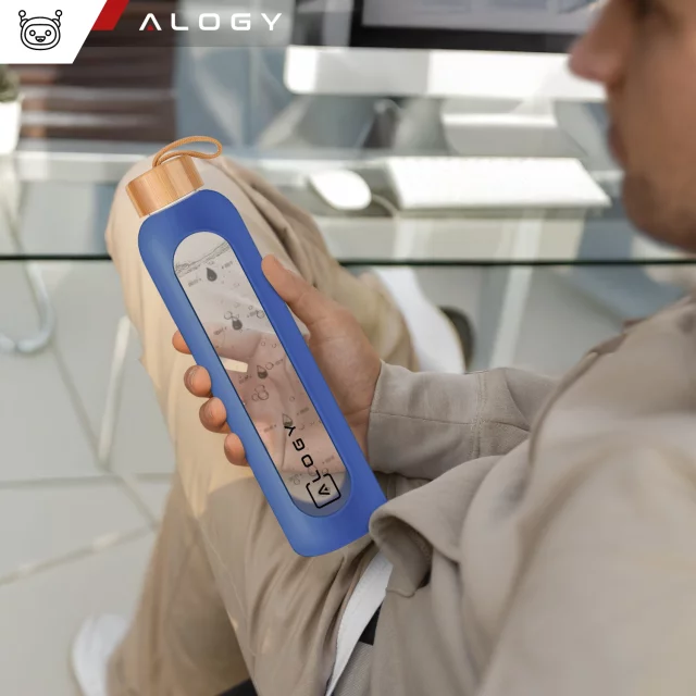 Große Glasflasche, Trinkflasche Alogy Motivational Messbecher 1l 1000ml, Silikonhülle Blau