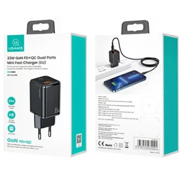 USAMS Ładowarka sieciowa 1xUSB-C+1xUSB T43 33W PD3.0 +QC3.0 + kabel U63 USB-C na lightning czarny/black USKTZ01