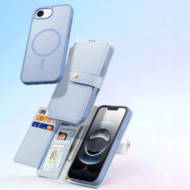 Kožené pouzdro Dux Ducis Lawa pro iPhone 16e s modrým MagSafe peněženkou