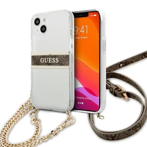 Guess GUHCP13SKC4GBGO iPhone 13 mini 5,4" průhledný pevný obal 4G hnědý řemínek zlatý řetízek