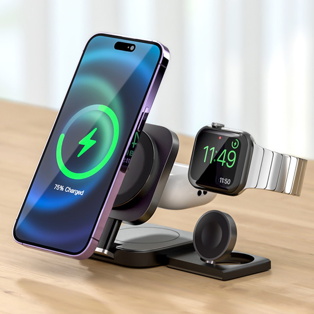 Qi Mag Safe 15W induktives Ladegerät für iPhone Apple Watch AirPods kabellose 3in1 Dockingstation schwarz
