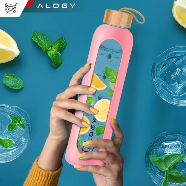 Große Glasflasche Trinkflasche Alogy Motivational Messbecher 1l 1000ml Silikonhülle Pink