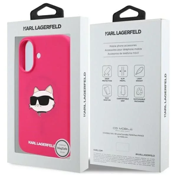 Etui Karl Lagerfeld do iPhone 16 6.1" Różowe/Fuksja hardcase Silicone Choupette Head Print MagSafe