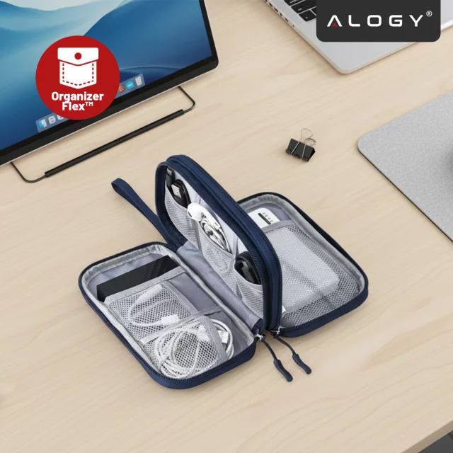 Pouzdro na cestovní doplňky, organizér na kabely, nabíječky, telefon a powerbanku, multifunkční a kompaktní 21 x 12,5 x 5 cm, Alogy TravelPack™ – tmavě modrá