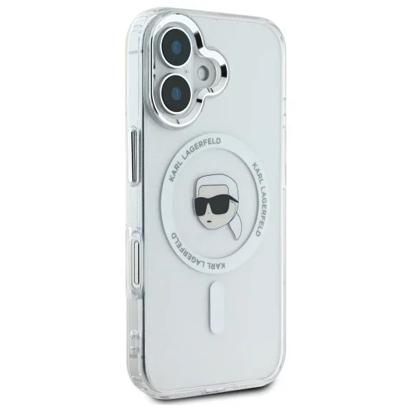 Karl Lagerfeld iPhone 16 6.1" Case White MagSafe Hardcase IML Metal Karl Head
