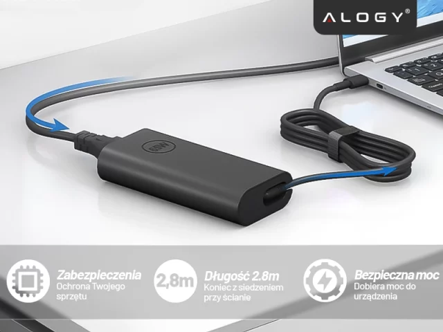 Zasilacz USB-C 65W PD do Laptopów HP Lenovo Asus Apple, Szybkie Ładowanie 20V 3.25A, Długi Kabel 2.8m, Kompaktowy i Wydajny, Alogy PowerBoost™ – Czarny