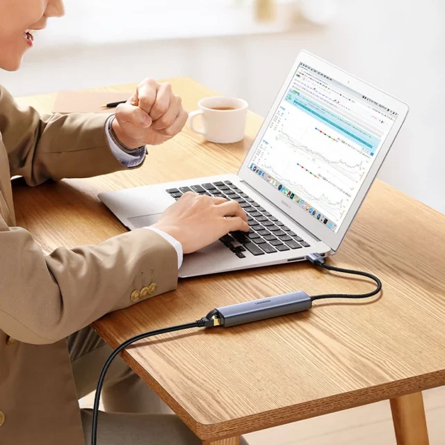 HUB UGREEN multifunctional adapter HUB USB 3.0 - 3 x USB / Ethernet RJ-45 / USB Type C PD gray (CM475)