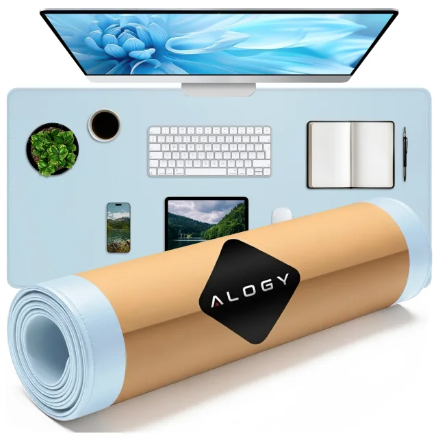 Desk pad 100×50 cm – anti-slip protective mat made of elegant PU eco-leather, for mouse and keyboard, stylish and durable – Alogy WorkMat™ Blue